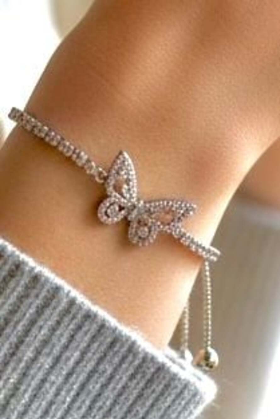 Silver Tone Cubic Zirconia Butterfly Bolo Bracelet